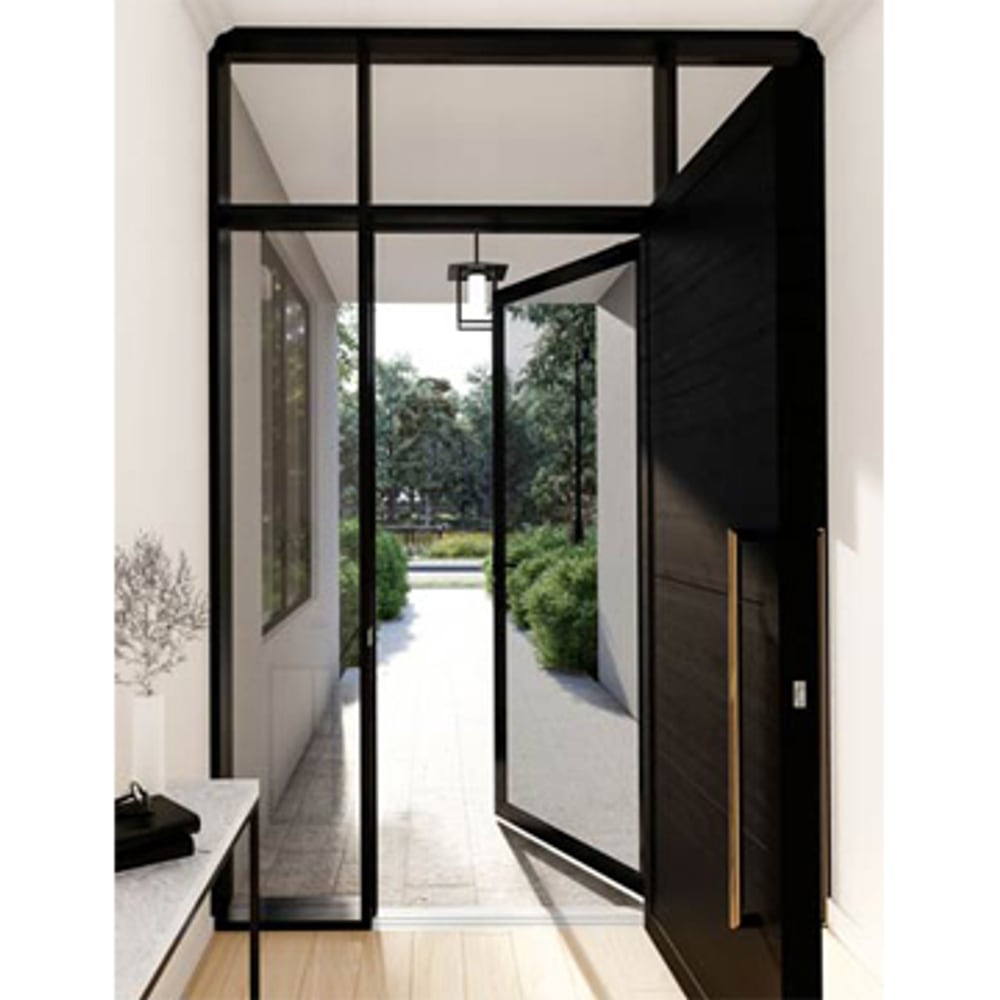 Black-framed steel pivot security door at a modern home entrance